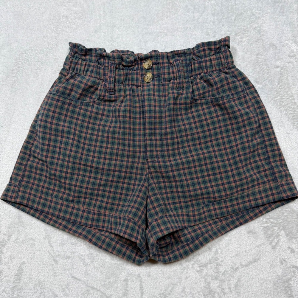 American Eagle Green Orange Plaid Cotton Paperbag High Waist Shorts Size 4 S
